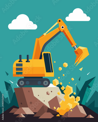 A powerful digger tears down walls of compacted waste creating space for more garbage to be piled on top.. Vector illustration