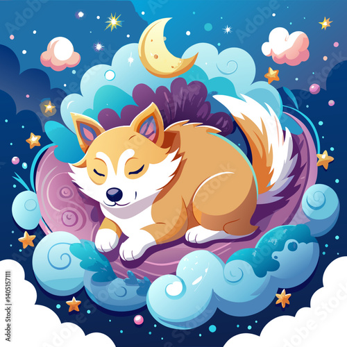 Sweet Dreams: A Dog's Peaceful Slumber on a Fluffy Cloud, Dreamy and Serene pet art nap cute rest   