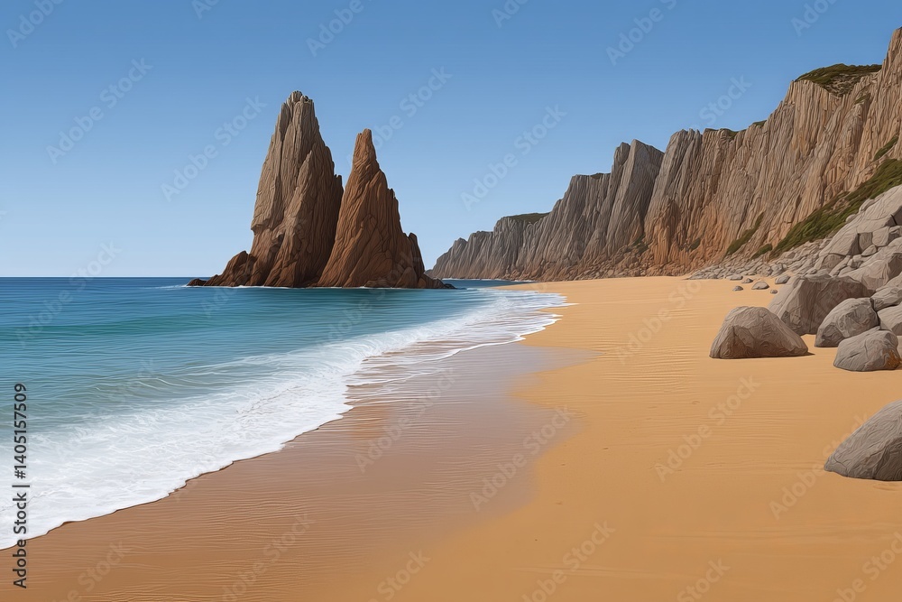 Dramatic beach landscape with large jagged cliffs and wet sandy foreground under vibrant sky showcasing geological coastal formations in evening light Dramatic beach landscape with large jagged cliffs and wet sandy foreground under vibrant sky showcasing geological coastal formations in evening light