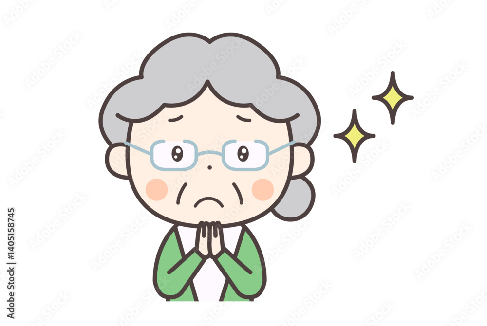 目を潤ませてお願いをする高齢者の女性 目を潤ませてお願いをする高齢者の女性