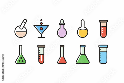 Colorful Science Lab Equipment Vector Icons Cartoon Test Tubes, Flasks, and Beakers Set