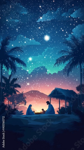 Christmas nativity scene with baby Jesus and Mary with starry sky