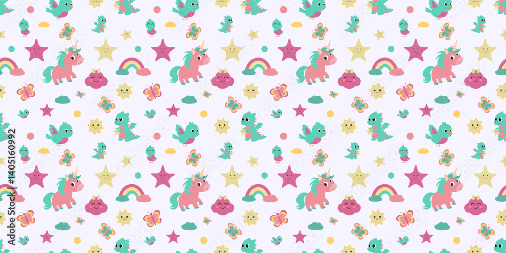Seamless kawaii pattern with unicorns, dinosaurs, rainbows and cute stars Seamless kawaii pattern with unicorns, dinosaurs, rainbows and cute stars