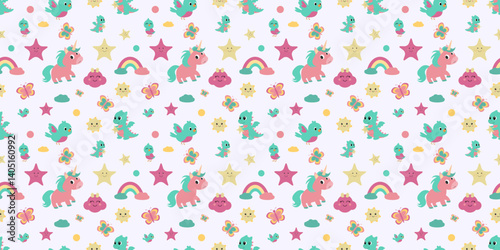 Seamless kawaii pattern with unicorns, dinosaurs, rainbows and cute stars