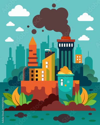 The stench of trash and sewage fills the air as the citys waste management systems have fallen into disrepair.. Vector illustration
