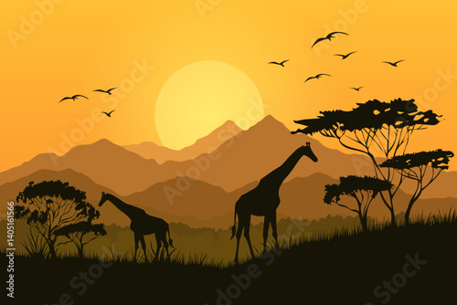 African savanna at sunset. Giraffes on the background of African nature, mountains, trees and plants, birds flying against the sunset. African mountain nature vector landscape illustration.