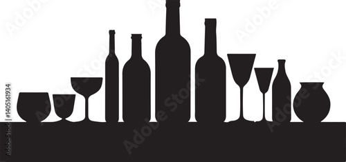 A clean and minimalist design featuring black silhouettes of wine bottles, a wine glass, and a pint glass against a white background.