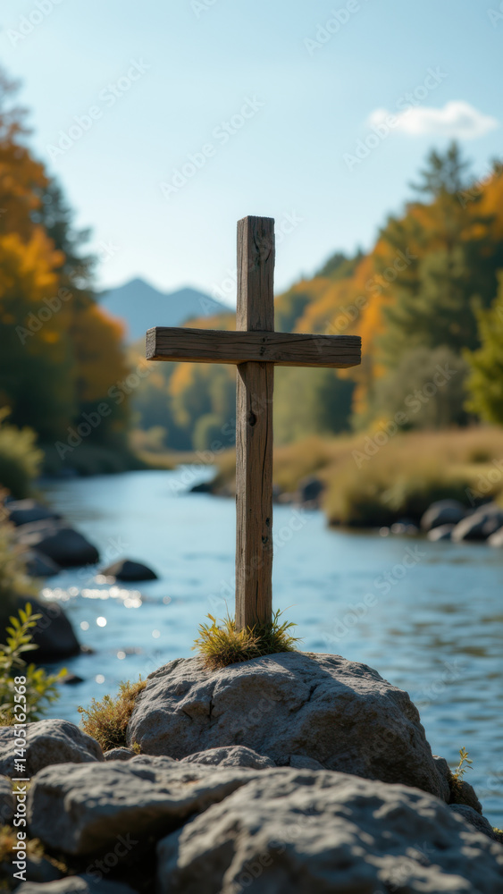 A rustic wooden cross stands prominently on a rocky riverbank amidst autumn foliage with mountains in the background, symbolizing faith and nature's beauty. A rustic wooden cross stands prominently on a rocky riverbank amidst autumn foliage with mountains in the background, symbolizing faith and nature's beauty.