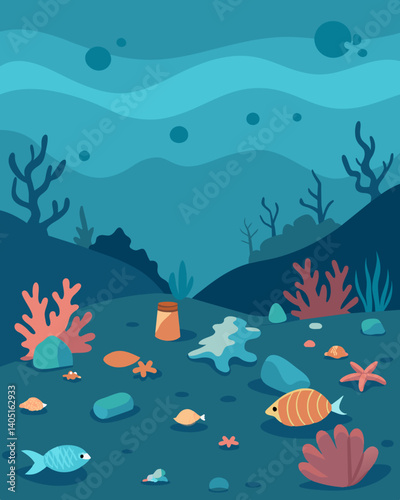 The eerie silence of a oncebustling coral reef is broken only by the sound of plastic debris sc against the ocean floor.. Vector illustration