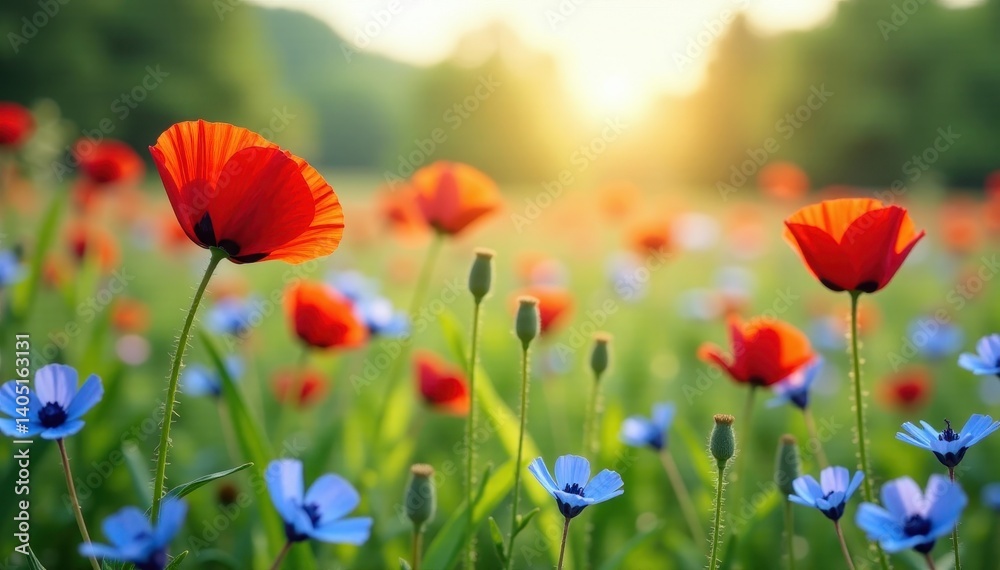 Obraz premium Scarlet poppies and delicate blue cornflowers sway gently in a summer breeze , swaying, sunlight