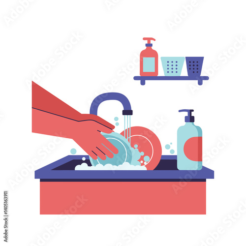 Washing dishes with soapy water at a kitchen sink  