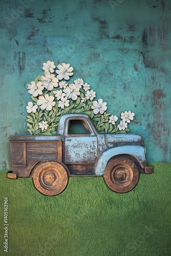 embossed painting of a vintage truck with flowers in its bed