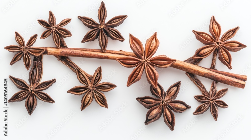 Increase the number of cinnamon sticks and anise stars on a white background Increase the number of cinnamon sticks and anise stars on a white background