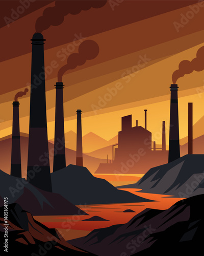 The tall chimneys stood as dark sentinels against the backdrop of a barren landscape a stark contrast to the bustling activity that once took place in the deserted factories below.. Vector