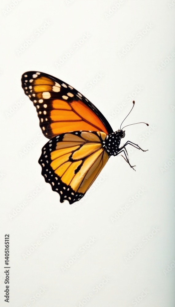 Obraz premium Monarch butterfly in flight against a bright white background, invertebrate, black, beauty