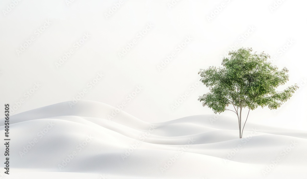 Obraz premium Minimalist white sand dune with a small green tree on the right side, 3D rendering