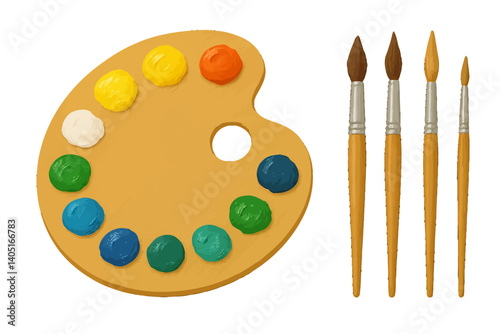 The art supplies consist of a palette featuring paints of diverse colors and a range of brushes, which are complemented by posters and illustrations to foster creativity and hobby-related activities