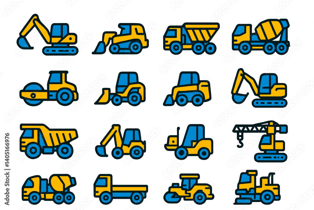 Naklejka premium A modern flat style collection of 16 construction vehicle icons, the Construction Vehicles Icon Set features yellow and blue colors to create a bold and eye-catching visual
