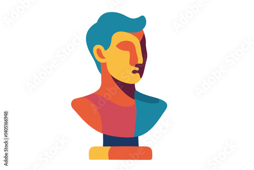 The flat design illustration features a modern, stylized bust with vibrant colors and an abstract shape