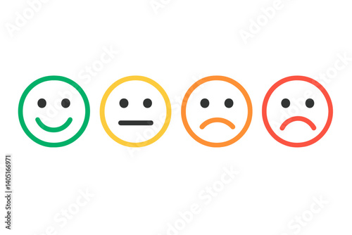 The set of feedback emoticons features a range of emotions, from happy to very sad, in different colors, with outlined icons for rating and feedback purposes