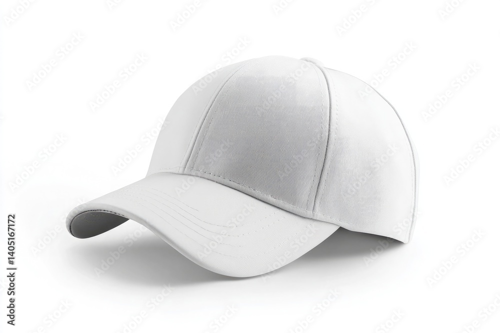 Fototapeta premium A close up shot of a simple white baseball cap isolated on a white background in a studio setting