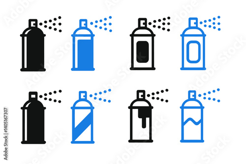 A set of paint aerosol can icons is depicted in black and blue hues on a white background