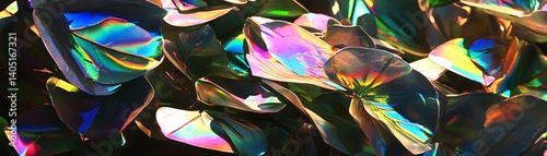 Iridescent leaves displaying shifting colors in an arrangement for desktop wallpaper