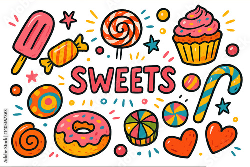 Vibrant sweets designs that are dynamic and candy-inspired, featuring bright colors and playful hand-drawn illustrations, ideal for menu covers, labels, and store packaging