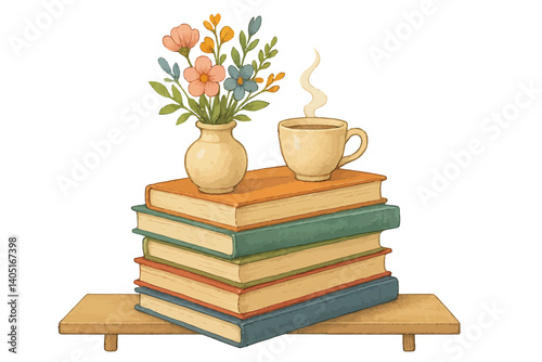A collection of books in various colors and sizes is topped with a vase of flowers and a cup of coffee or tea, symbolizing a reading and learning environment