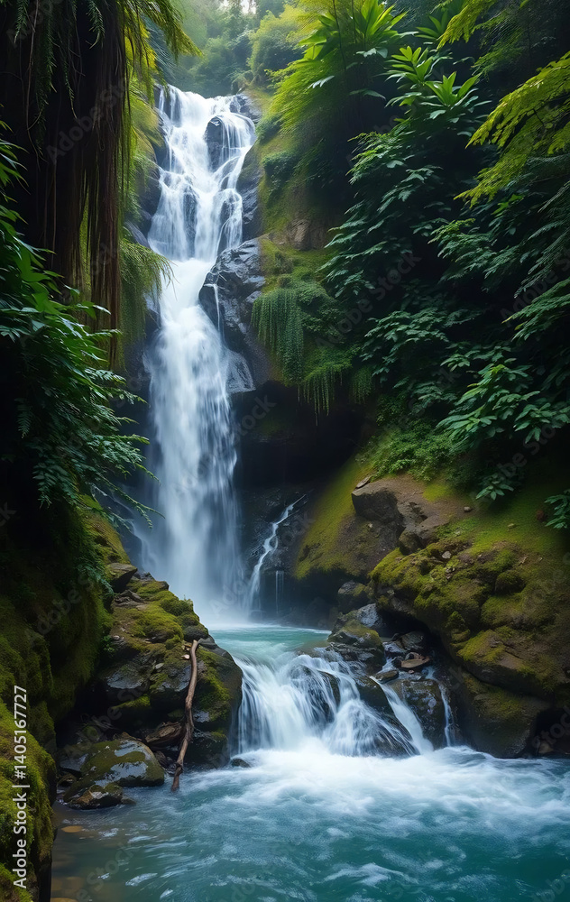 Obraz premium A Peaceful Waterfall Surrounded by Lush Greenery