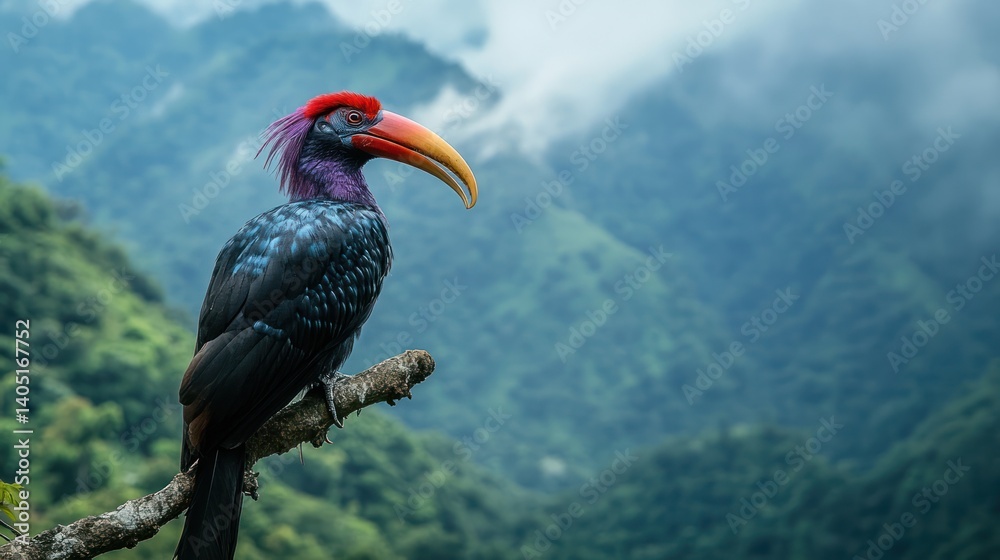 Fototapeta premium Photo of a purple Indian hornbill, perched on a branch in a mountain background.