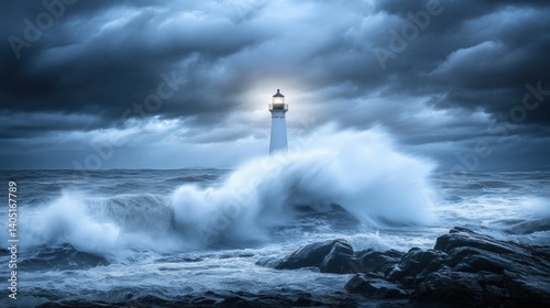 Lighthouse beacon illuminates stormy seas.