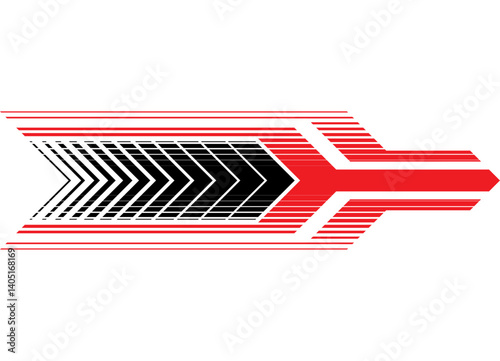 Dynamic striped arrow, red and black on a white background. Speed ​​design element. Direction indicator. Navigation. Games. Stripe for sports car, toy, sportswear. Sports vector background