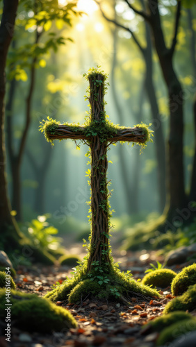 An old weathered wooden cross with moss and ivy, standing amidst a tranquil forest clearing during golden hour sunlight.