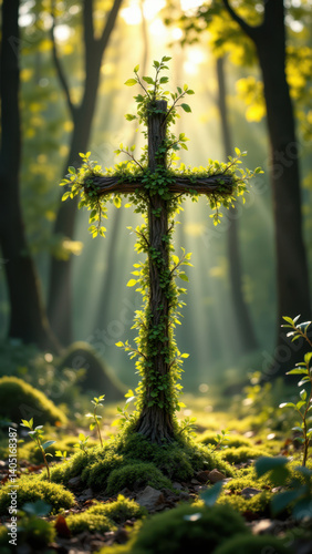 A cross rising from nature symbolizing faith and strength.