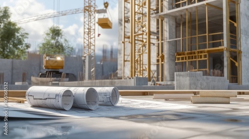 An architect inspects a building’s structure on-site, with blueprints spread out and a crane lifting materials in the background.