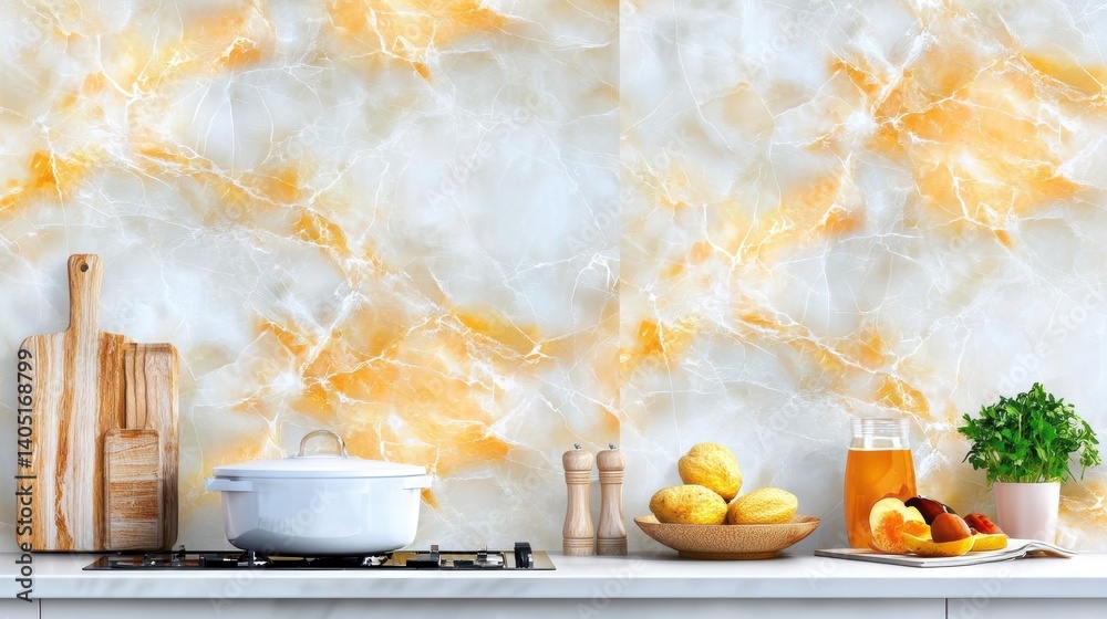 Fototapeta premium Home cooking inspiration modern kitchen decor with marble background bright colors and fresh ingredients