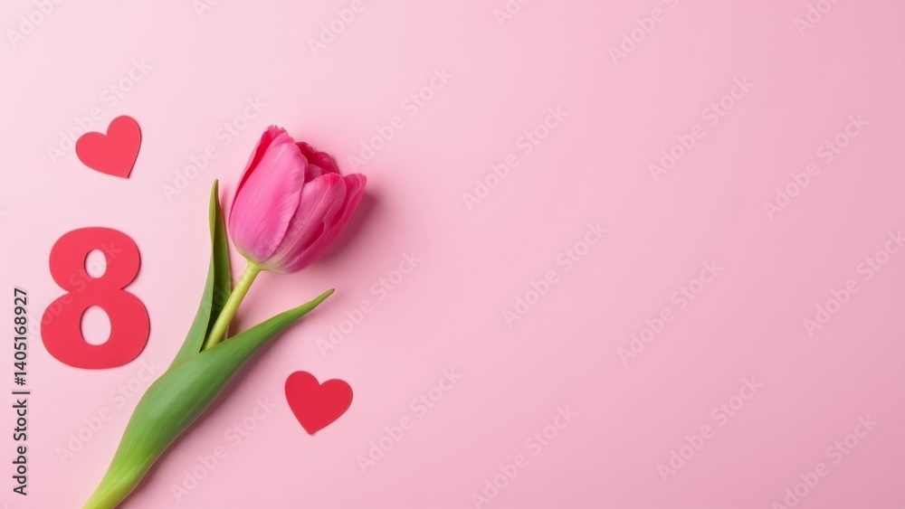 Fototapeta premium Pink Tulip With Number Eight On Pink