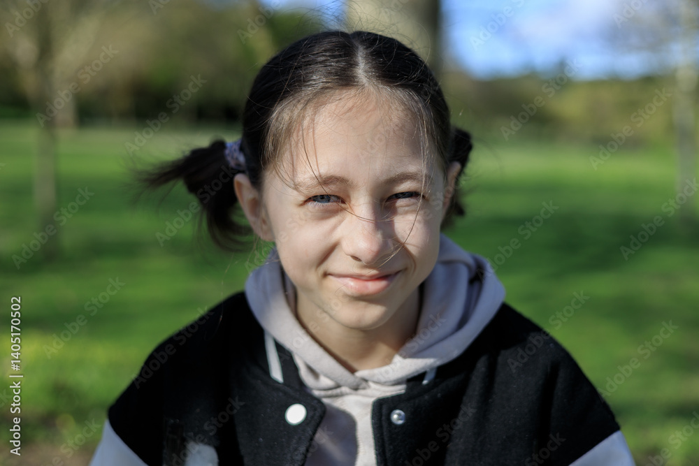 Yong girl is sitting in the park. Nature