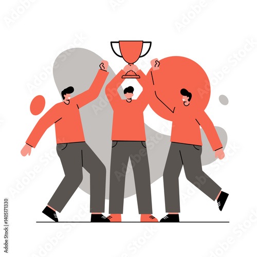 Team celebrating victory while holding a trophy in bright colors  