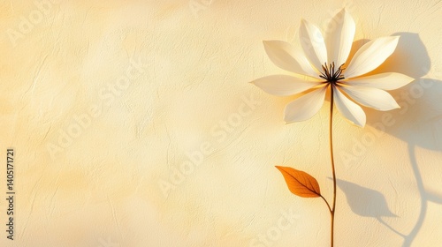 A white flower with a brown center and a single orange leaf is shown against a yellow wall.