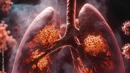 Detailed close-up of human lungs showcasing alveoli and surrounding cells, with a colorful background of microscopic particles