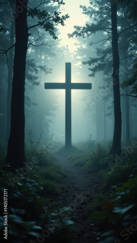 A cross stands in a misty forest with a path leading towards it, symbolizing faith and spiritual journey.