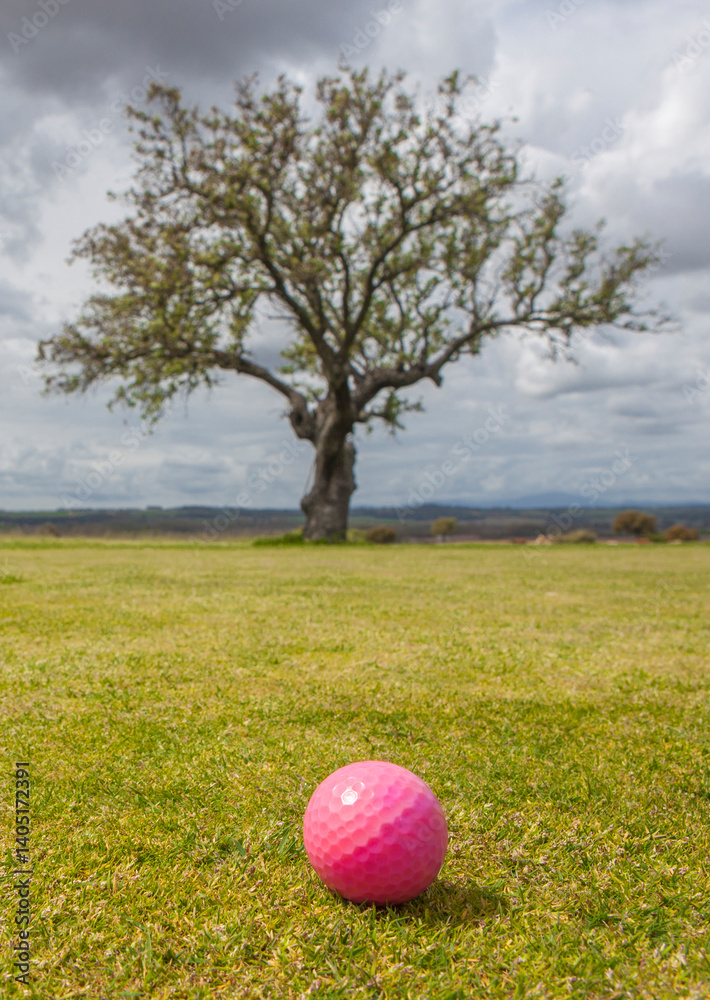 Golf green area surrounded by mediterranean holm oak forest