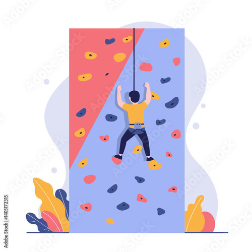 Rock Climber Ascending Colorful Climbing Wall with Abstract Background  