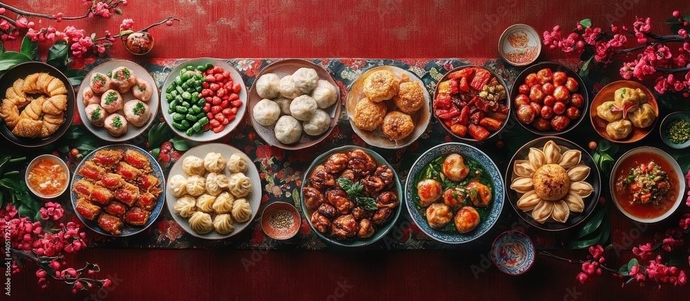 Fototapeta premium Chinese New Year Feast on Red Table
