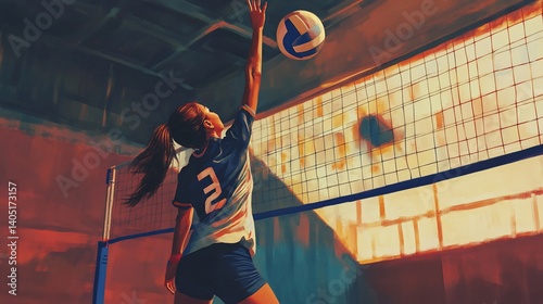 Female volleyball player spiking the ball in a dramatic indoor court setting.