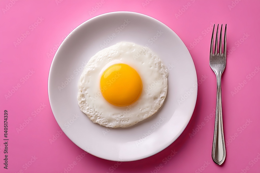 Single egg yolk centered on clean white plate with metallic fork over bright pink background designed for modern food contrast layout and conceptual culinary stock visual in editorial framing Single egg yolk centered on clean white plate with metallic fork over bright pink background designed for modern food contrast layout and conceptual culinary stock visual in editorial framing