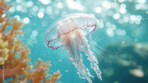 Translucent jellyfish floats amidst coral and sunlit water.