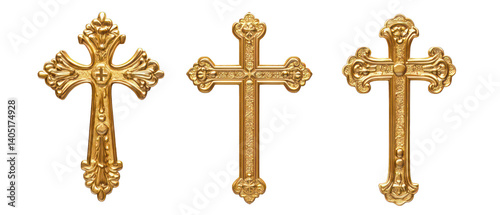 Set of golden Christian crosses isolated on transparent background
